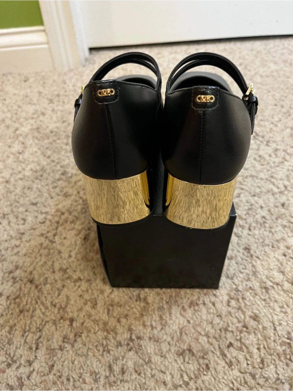 NWT Michael Kors Black Double-Strap Mary Jane Block Gold Metallic Heel Size 7